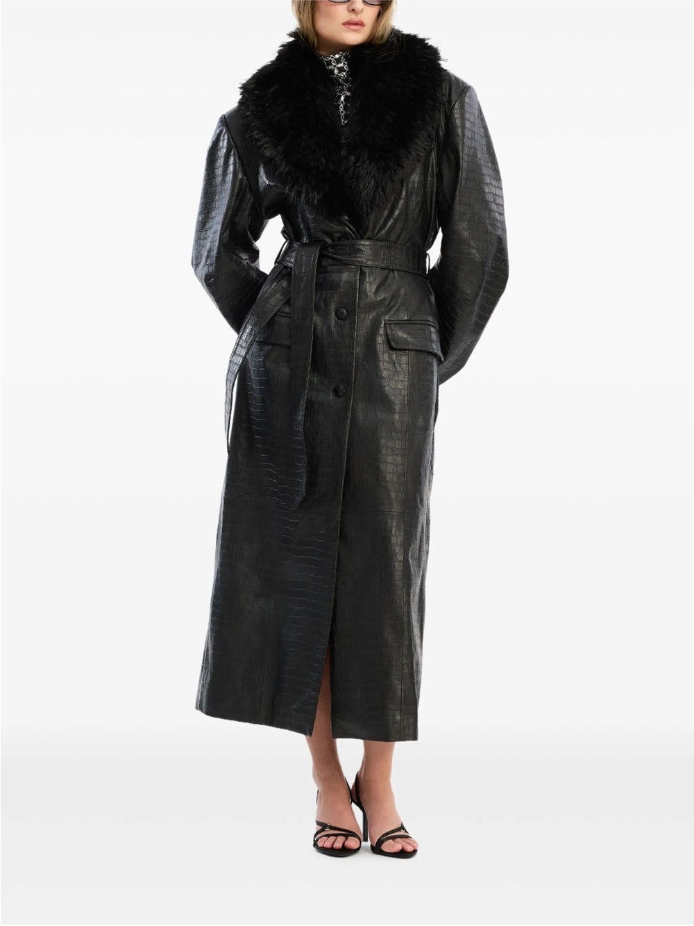 ROTATE Croc-effect real lamb leather coat Farfetch